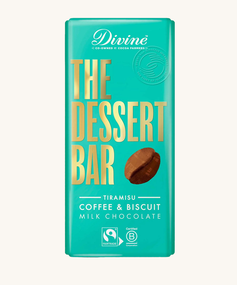 The Divine Tiramisu Dessert Bar in it's wrapper on a plain background. 