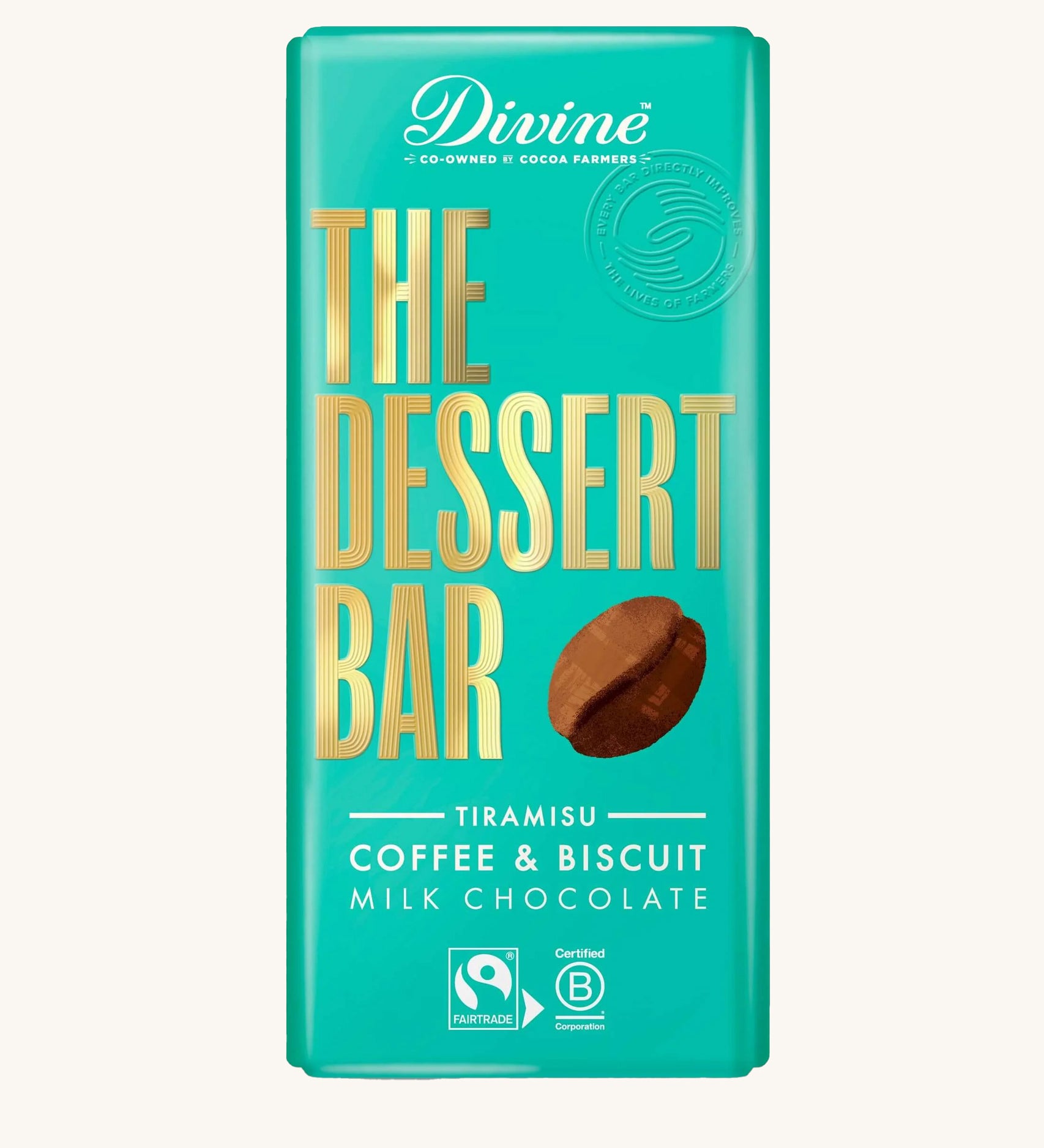 The Divine Tiramisu Dessert Bar in it's wrapper on a plain background. 