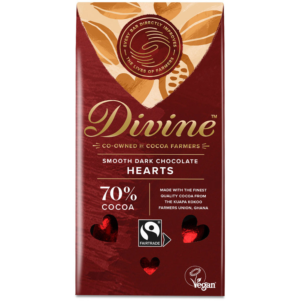 Divine Fairtrade Dark Chocolate Hearts 80g bar pictured on a plain white background