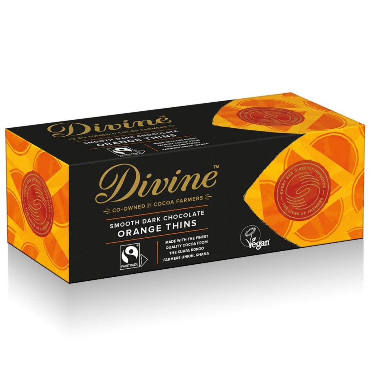 Divine Chocolates Dark Chocolate, After Dinner Orange Thins in their packaging with Fairtrade and Vegan Society Approved labels, on a white background.
