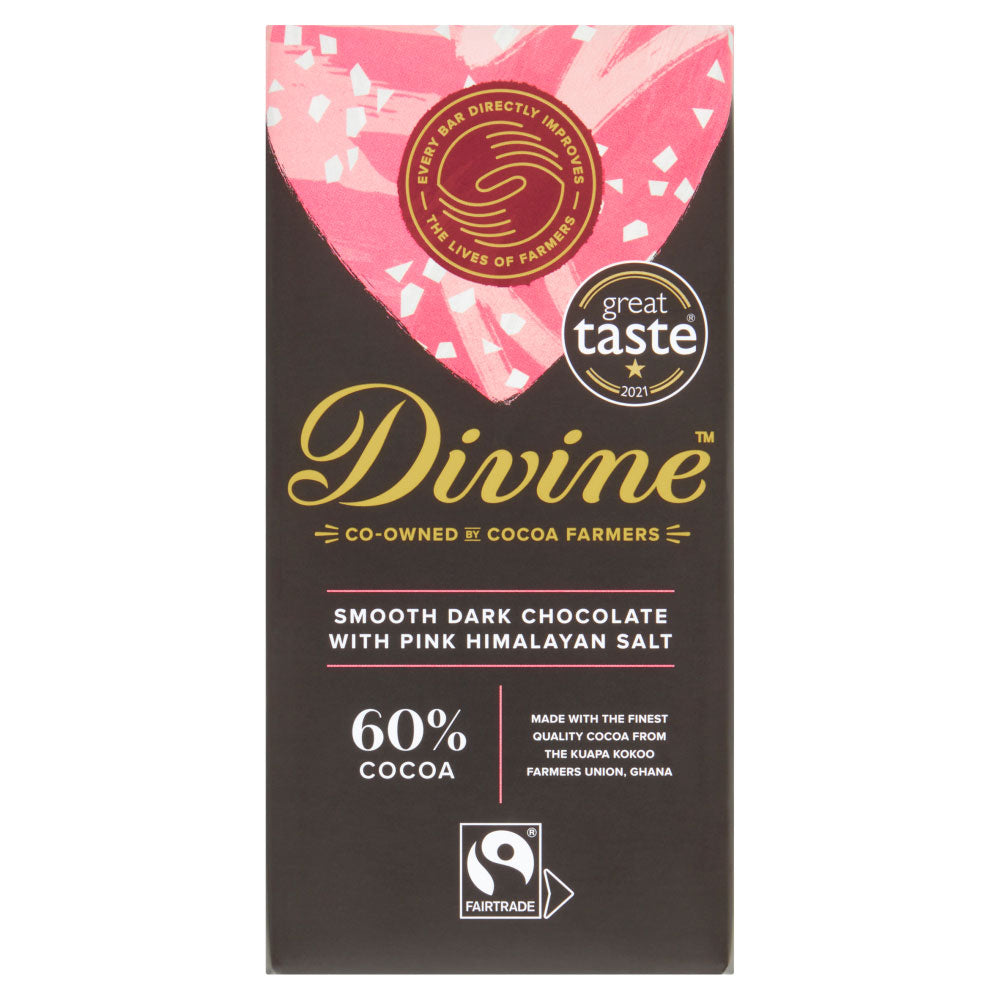 Divine Fairtrade 60% Dark Chocolate Bar with Pink Himalayan Salt 90g in packaging pictured on a plain white background