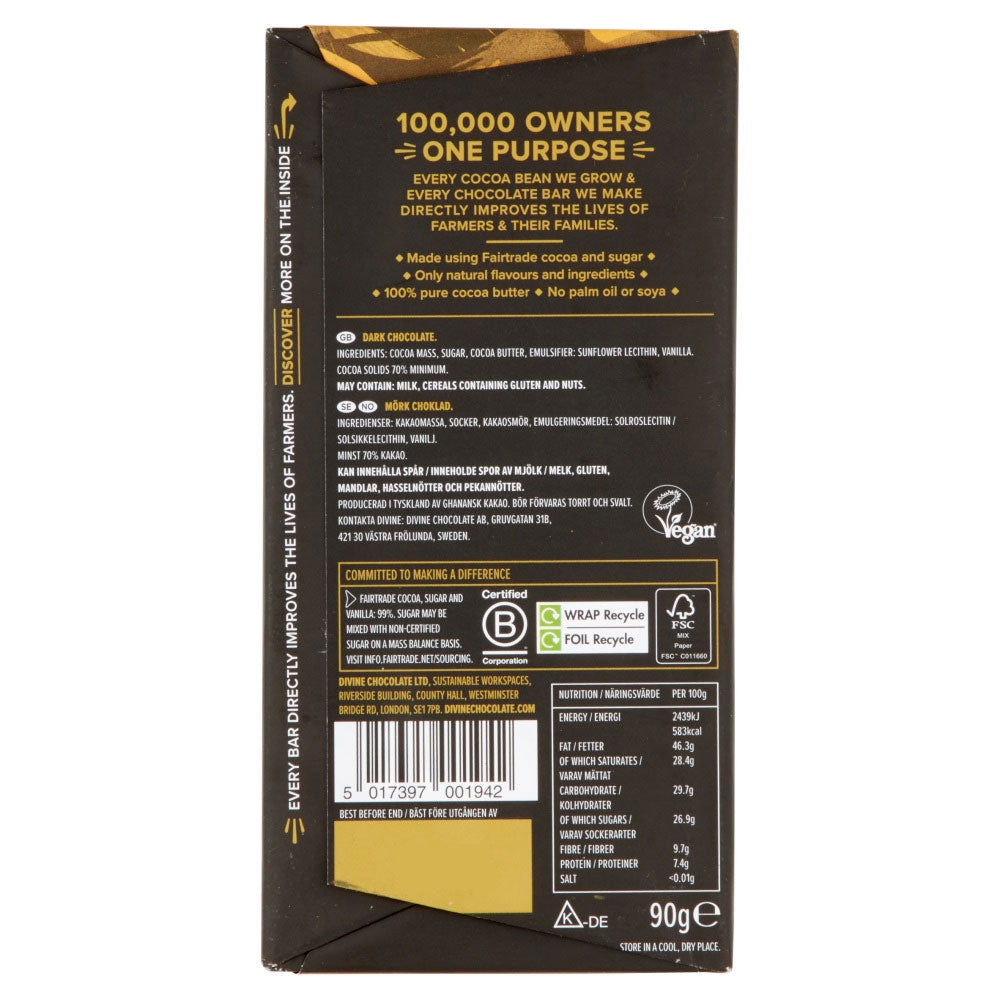 Back of Divine Fairtrade 70% Dark Chocolate Bar in packaging featuring ingredients list pictured on a plain white background