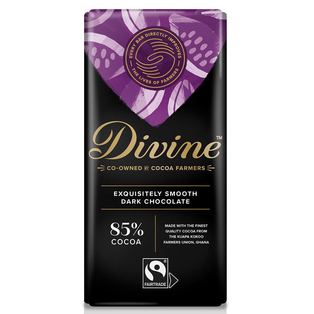 Divine Fairtrade 85% Dark Chocolate Bar 90g in packaging pictured on a plain white background