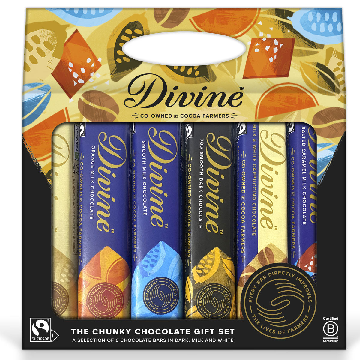 Divine Fairtrade Chunky Chocolate Gift Pack in packaging pictured on a plain white background 