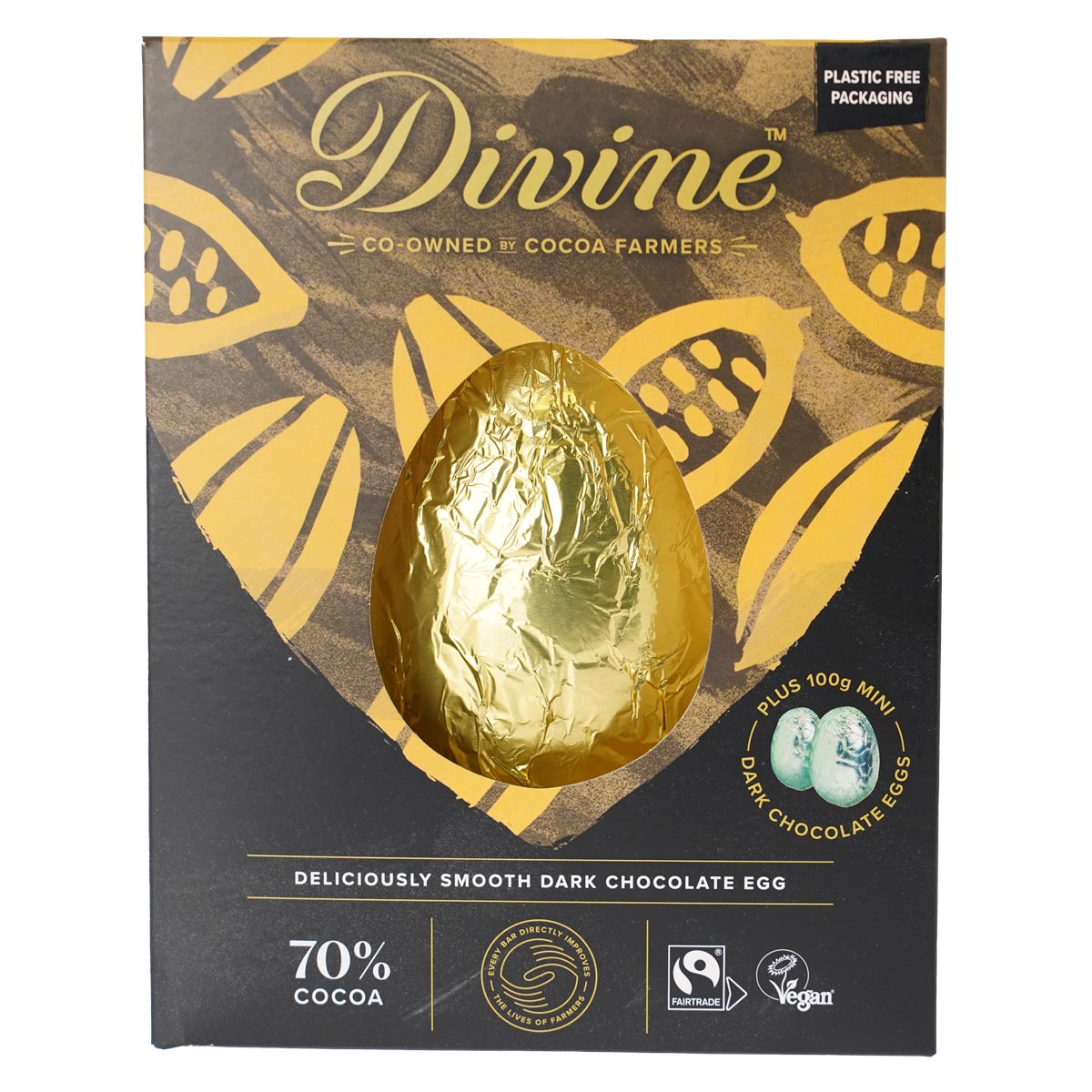 Divine Fairtrade dark chocolate Vegan Easter egg with mini eggs in its box on a white background