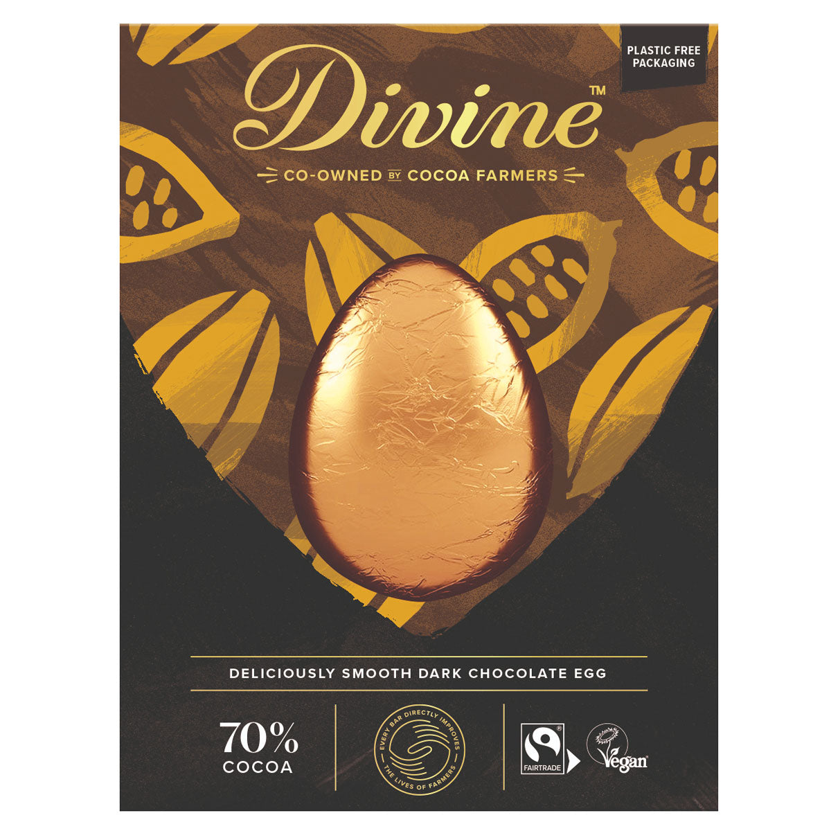 Divine 70% Dark Chocolate Easter Egg in packaging pictured on a plain white background