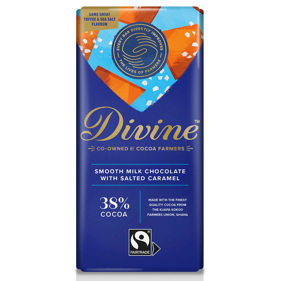 Divine Fairtrade 38% Milk Chocolate Bar with Salted Caramel 90g in packaging pictured on a plain white background