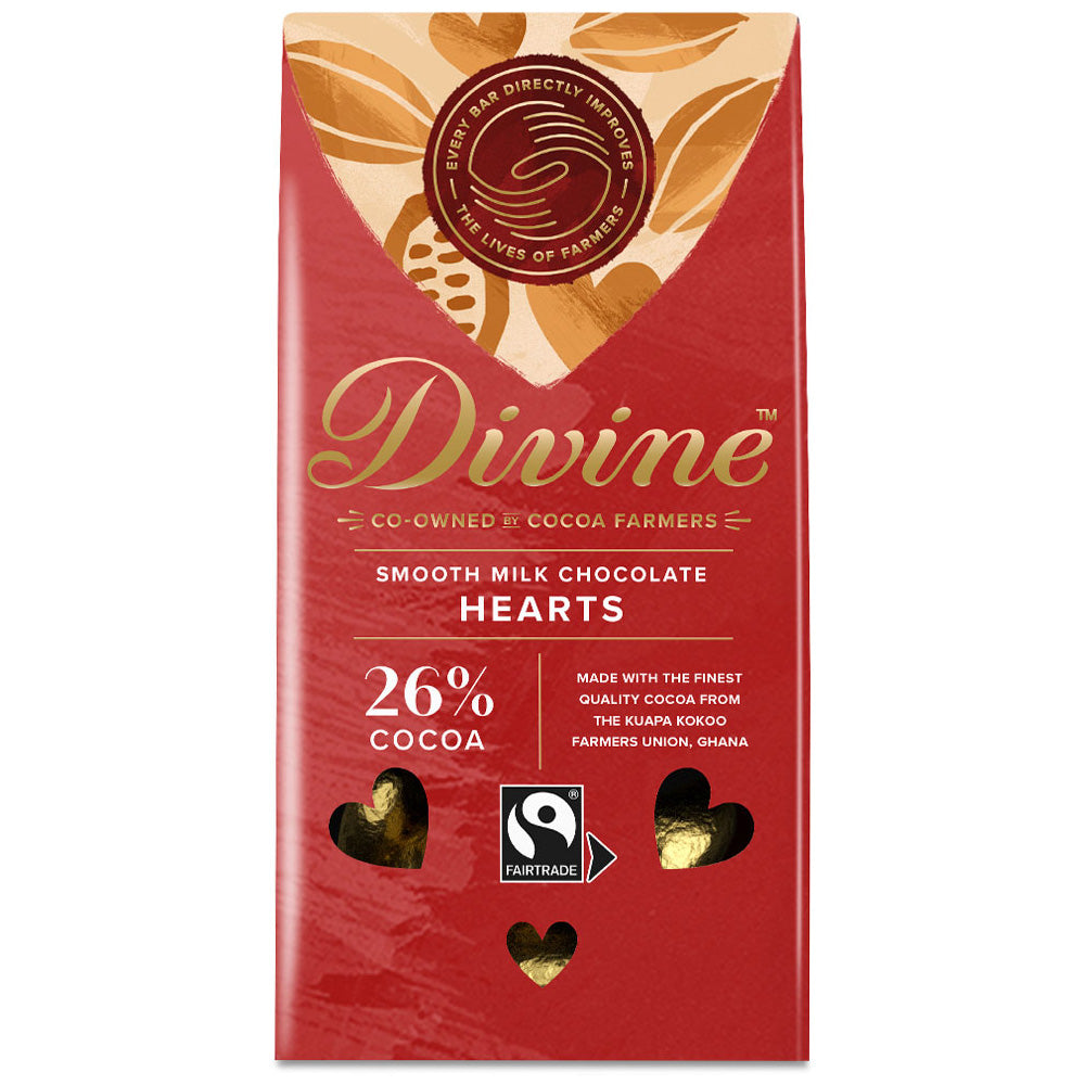 Divine Fairtrade Milk Chocolate Hearts 80g bar pictured on a plain white background