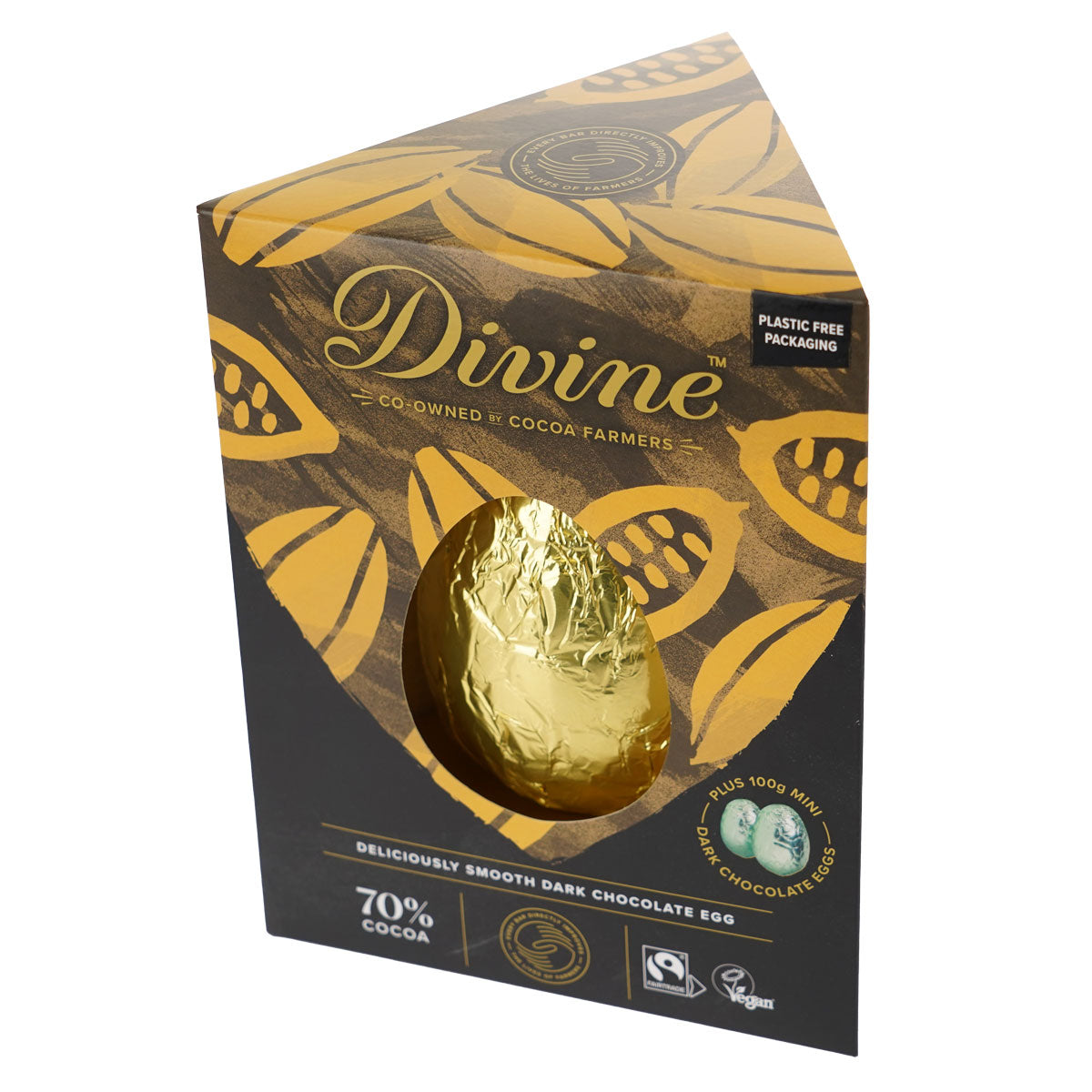 Divine Fairtrade dark chocolate Vegan Easter egg with mini eggs in its box on a white background