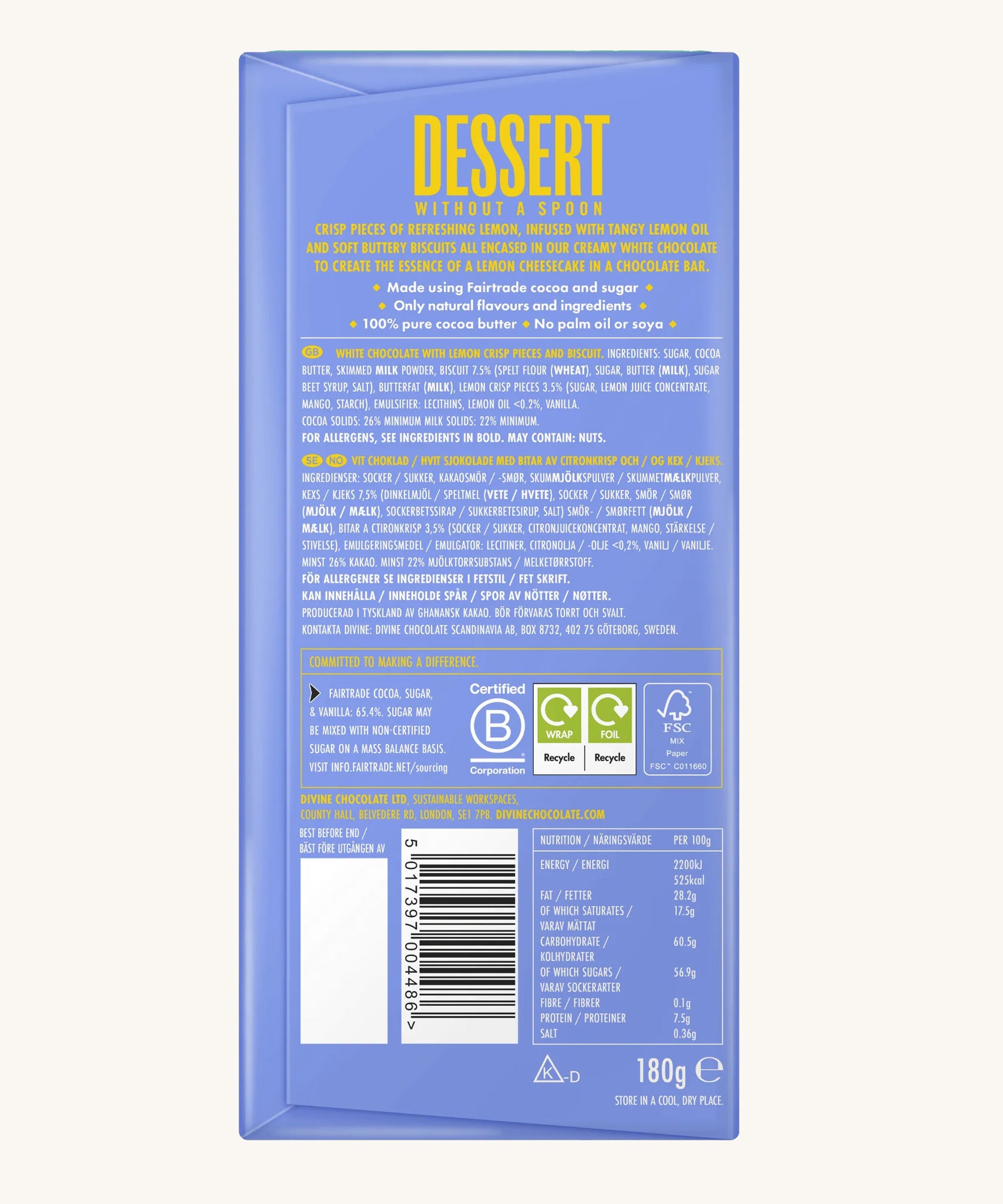 The back of the Divine White Chocolate Lemon Cheesecake Dessert Bar in it's wrapping showing the ingredients list. 