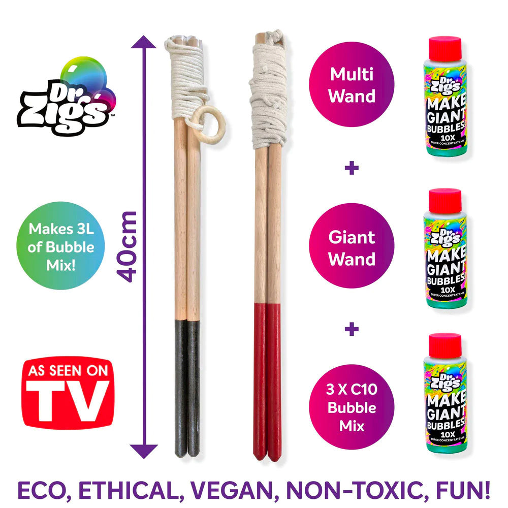 Infographic showing the contents of the Dr Zigs eco-friendly jumbo bubble kit on a white background