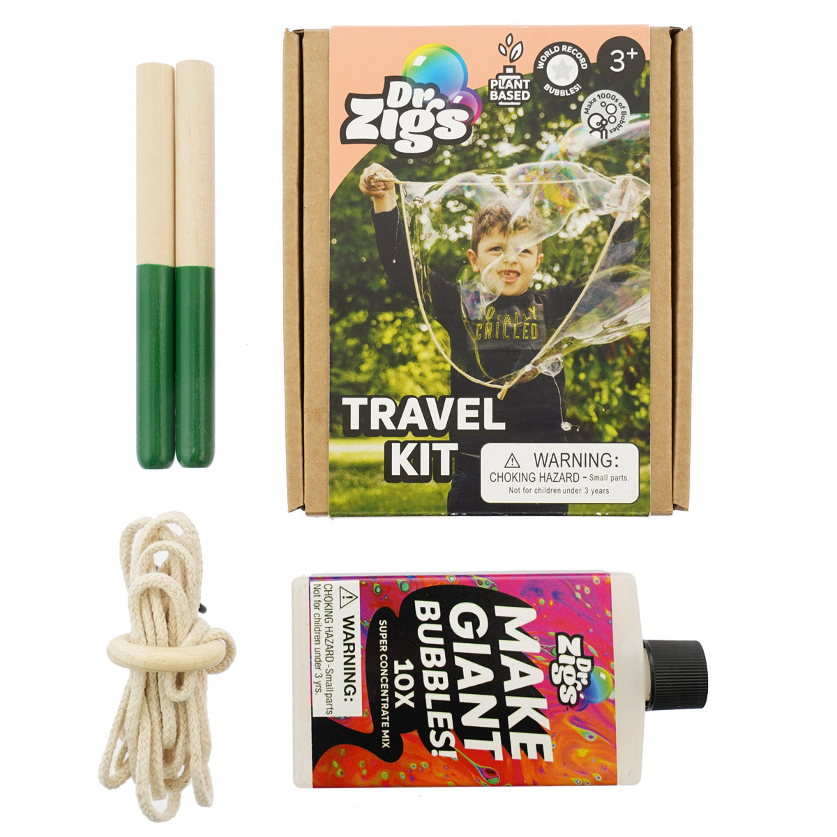 Dr Zigs eco-friendly flat pack Travel bubble kit laid out on a white background