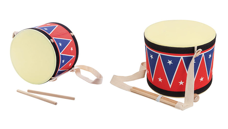 Two Plan Toys Big Drum II with a red and blue zig zag pattern one on its side