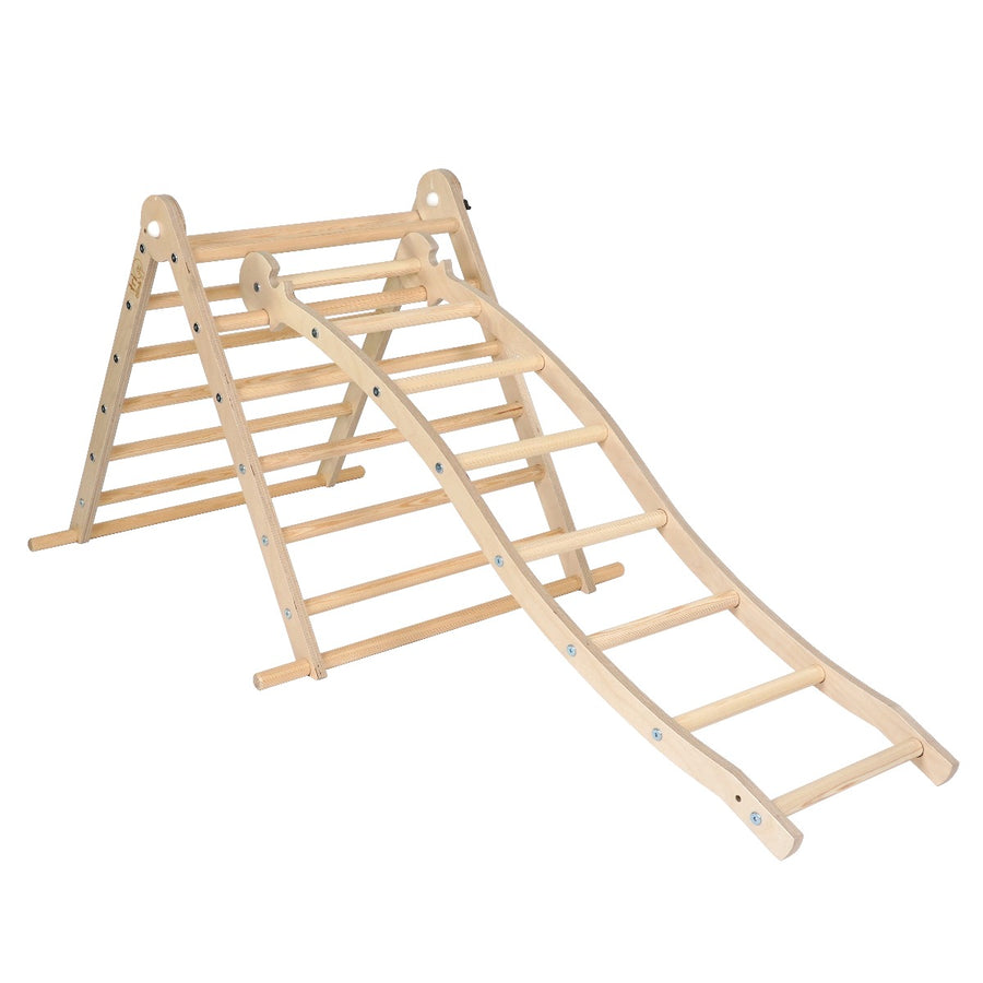 Triclimb Wibli climbing ladder attached to a natural wooden Triclimb pickler triangle on a white background