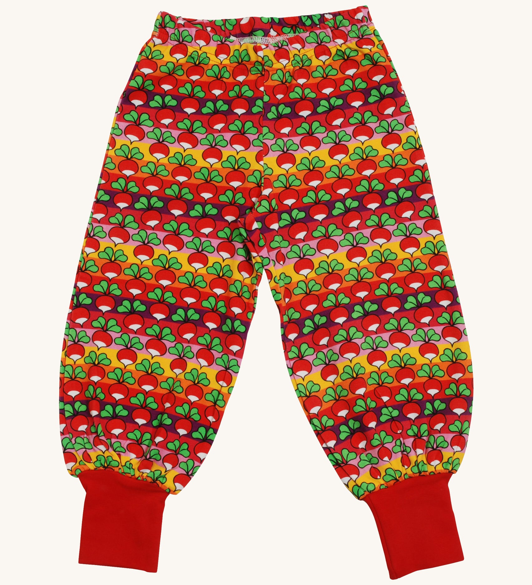 A orange, red, pink and purple striped Duns baggy pants with a radish design on a cream background.