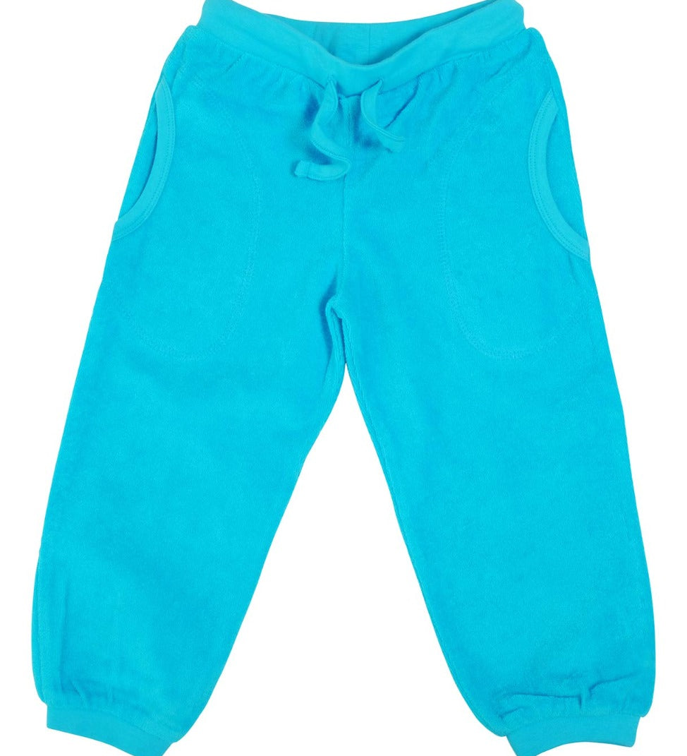 Children terry trousers in warm and comfy turquoise blue organic cotton from DUNS