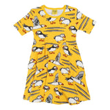 DUNS Sweden childrens short sleeve skater dress in the lemon chrome puffin print on a white background