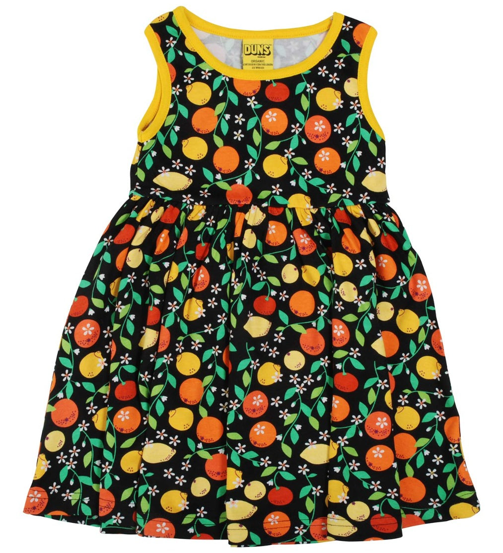 Organic cotton children sleeveless gather skirt dress with fresh and zesty citrus print on black from DUNS