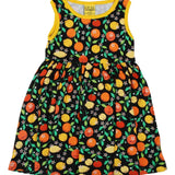 Organic cotton children sleeveless gather skirt dress with fresh and zesty citrus print on black from DUNS