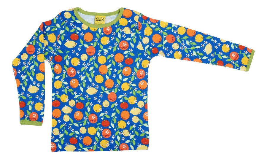 Organic cotton children long sleeve top with fresh and zesty citrus print on blue background with green trim from DUNS.