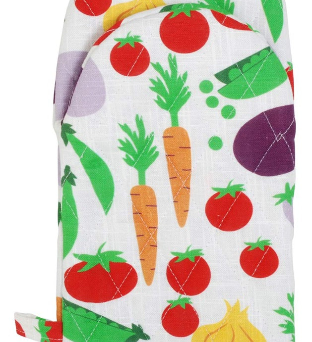 Cotton and linen blend oven glove with colourful vegetables print from DUNS