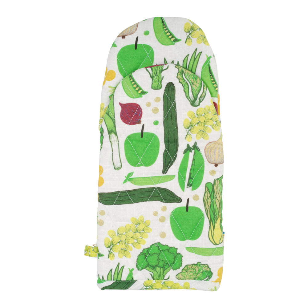 DUNS Sweden organic cotton linen oven mitten in the eat your greens print on a white background