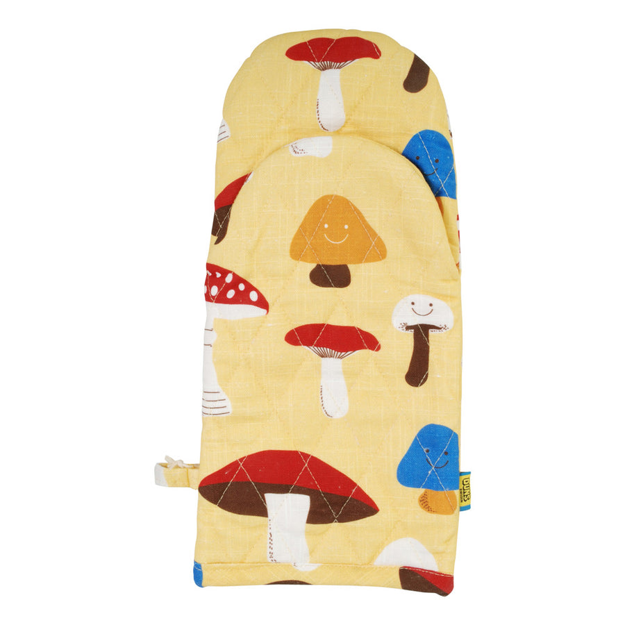 DUNS Sweden organic cotton linen oven mitten in the yellow mushroom colour on a white background