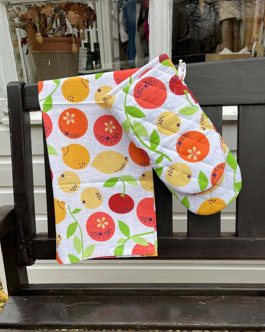 citrus and cultivation tea towels hanging from an over handle