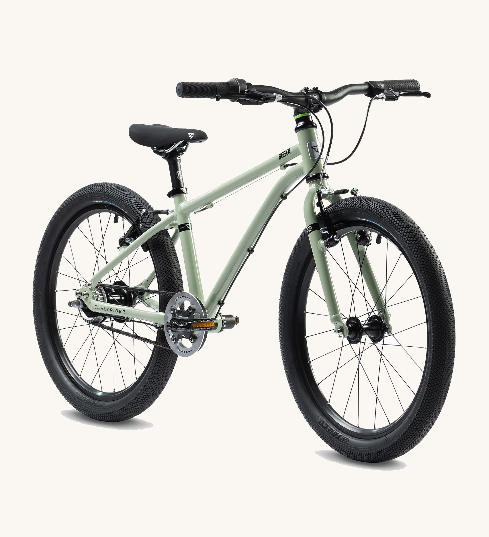 Early Rider kids Belter 20" Bike in Sage Green, on a cream background