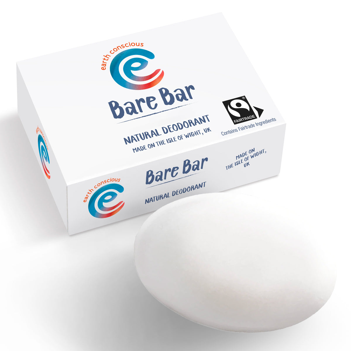 Earth Conscious solid deodorant bare bar on a white background next to its cardboard packaging