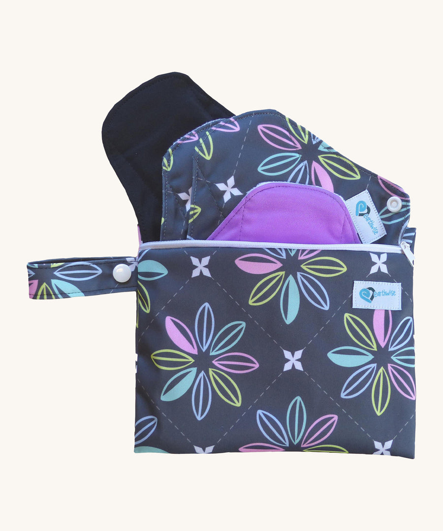 Earthwise starter kit includes 4 reusable period pads and a coordinating mini wet bag purse in Charcoal Flowers print.