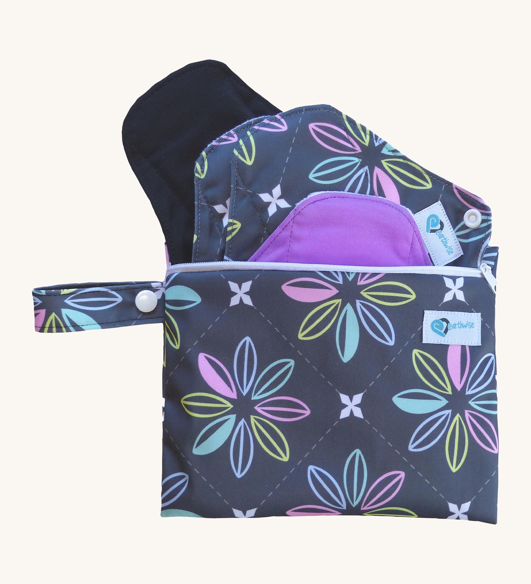 Earthwise starter kit includes 4 reusable period pads and a coordinating mini wet bag purse in Charcoal Flowers print.