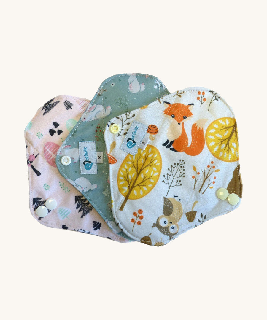 Three Earthwise Panty Liners in cute woodland prints.