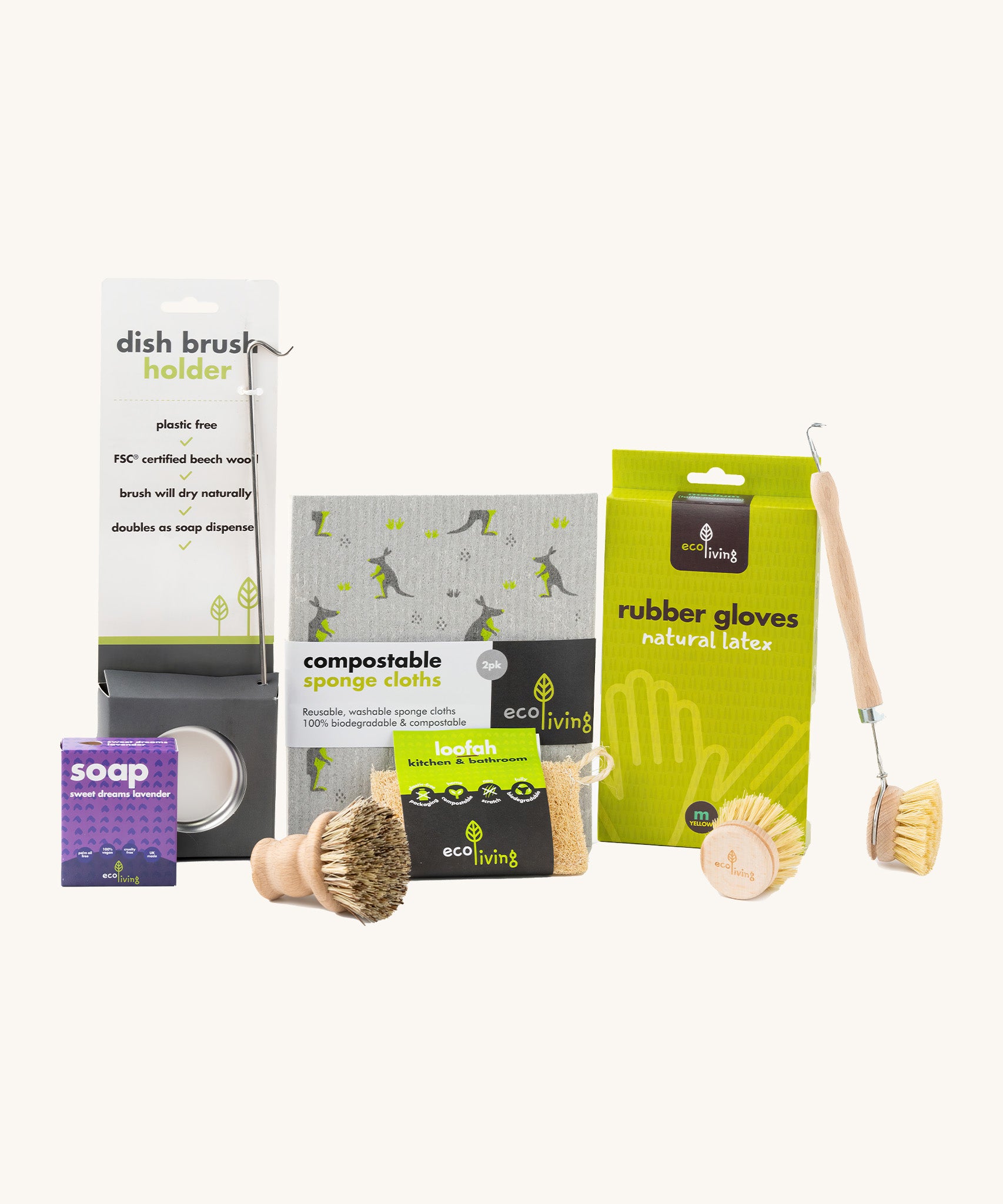 Eco Living cleaning starter set including a Eco Living dish brush, lavender soap, compostable sponge cloths, natural latex rubber gloves, dish brush, loofah sponge and pot brush