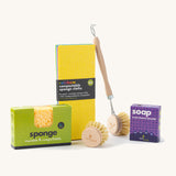 Eco Living small kitchen starter set including the Eco Living sponge, rainbow sponge cloths, wooden dish brush and a lavender soap