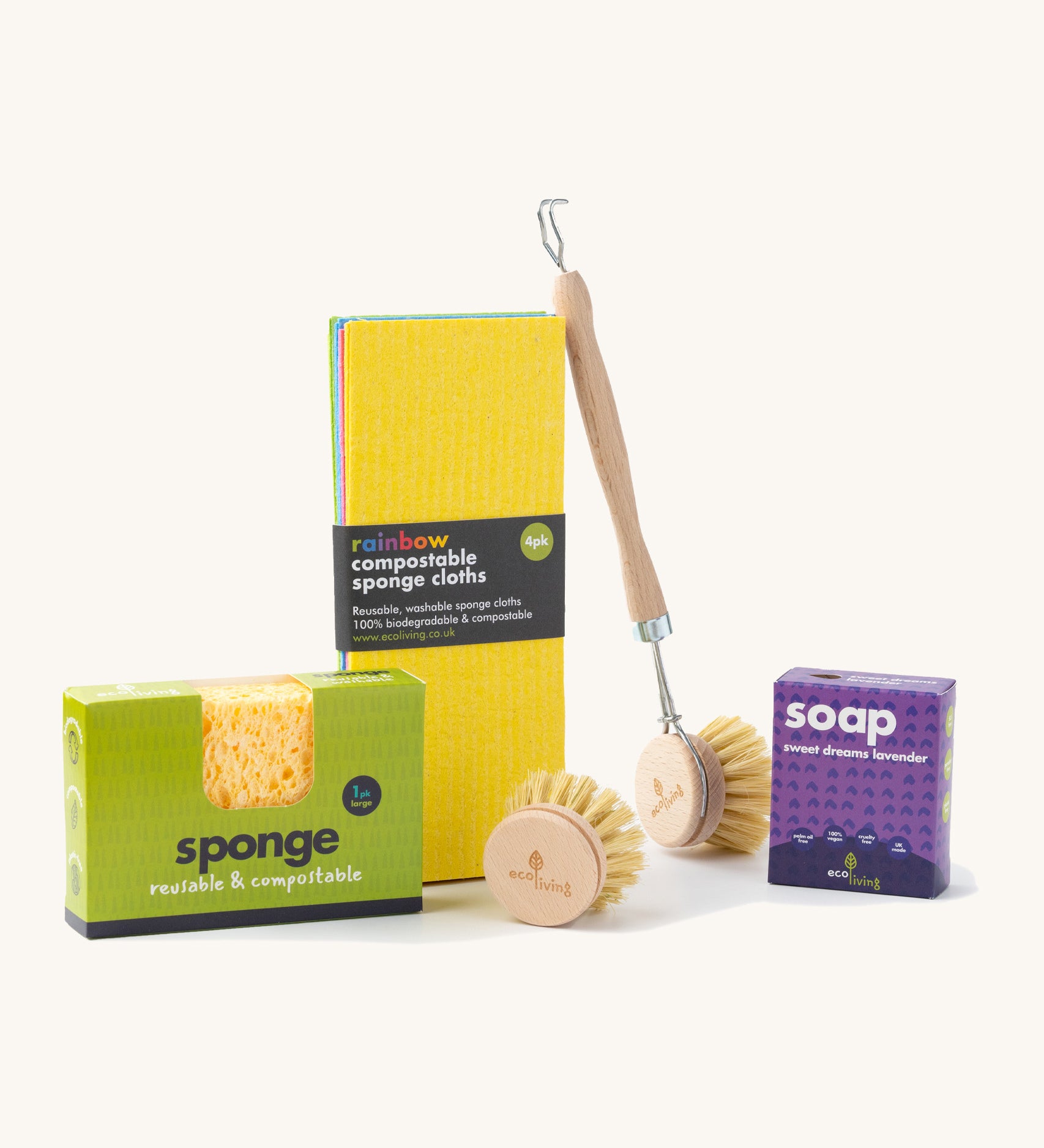 Eco Living small kitchen starter set including the Eco Living sponge, rainbow sponge cloths, wooden dish brush and a lavender soap