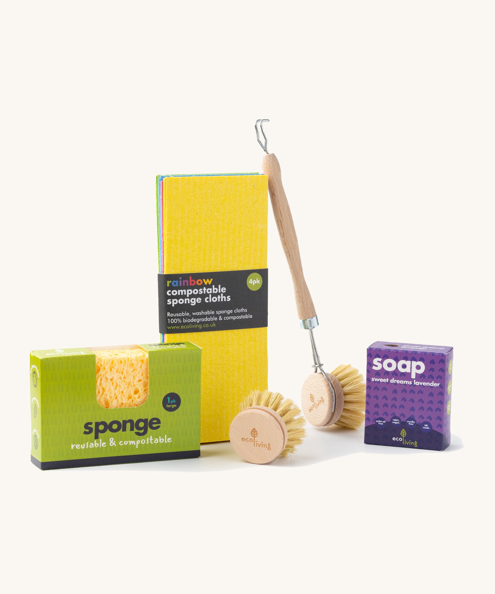 Eco Living small kitchen starter set including the Eco Living sponge, rainbow sponge cloths, wooden dish brush and a lavender soap