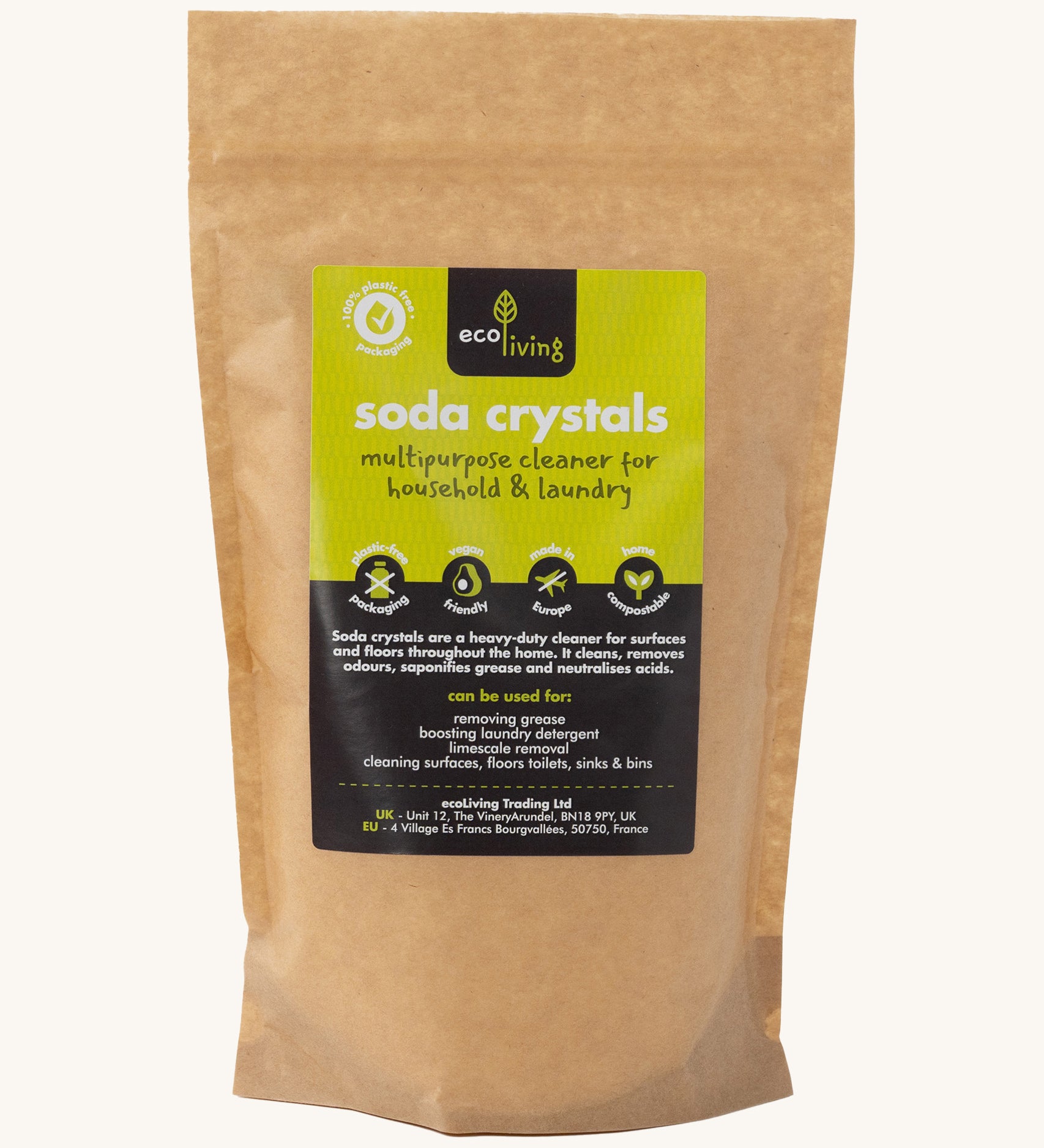 Eco Living soda crystals in a brown bag 