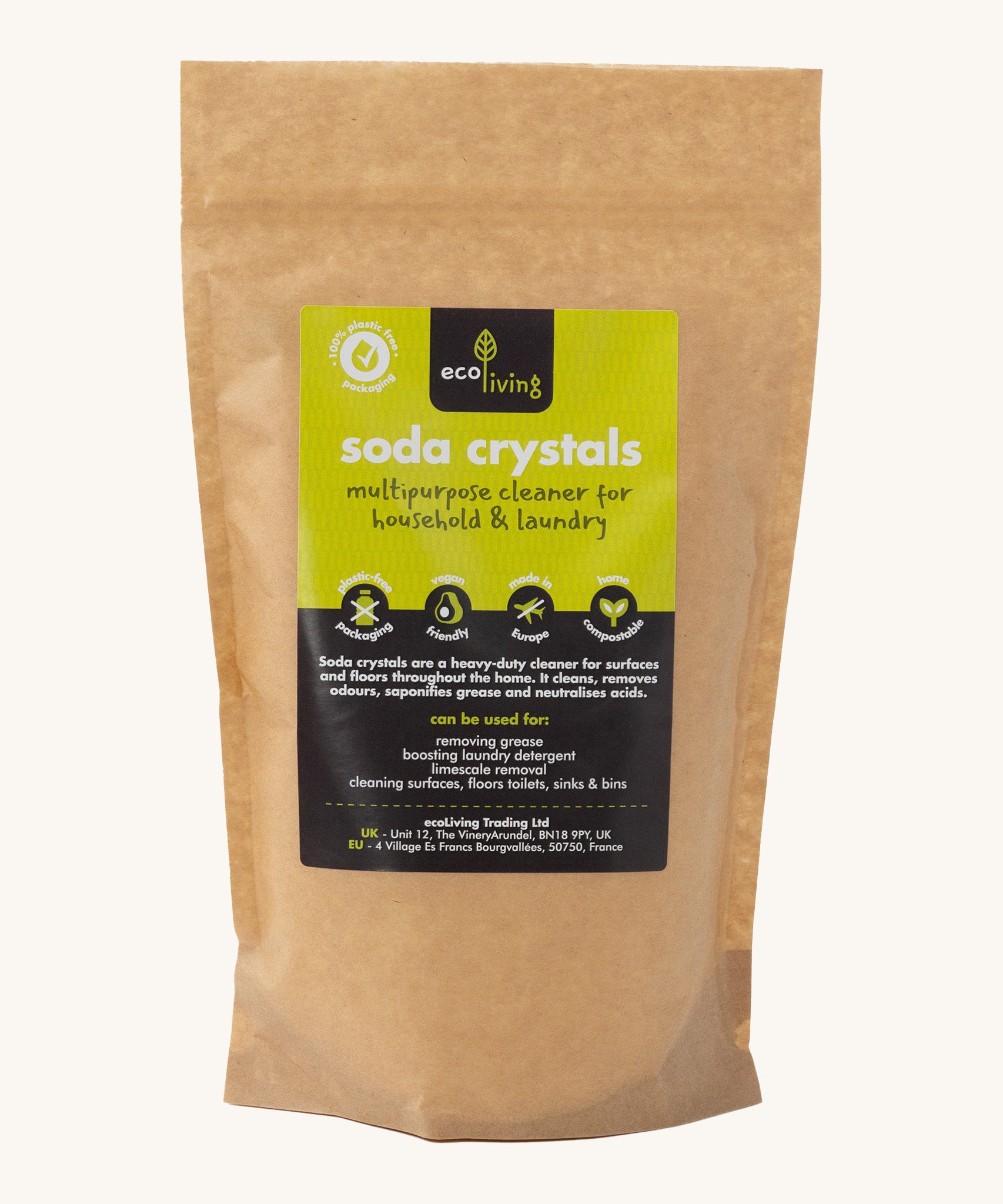 Eco Living soda crystals in a brown bag 