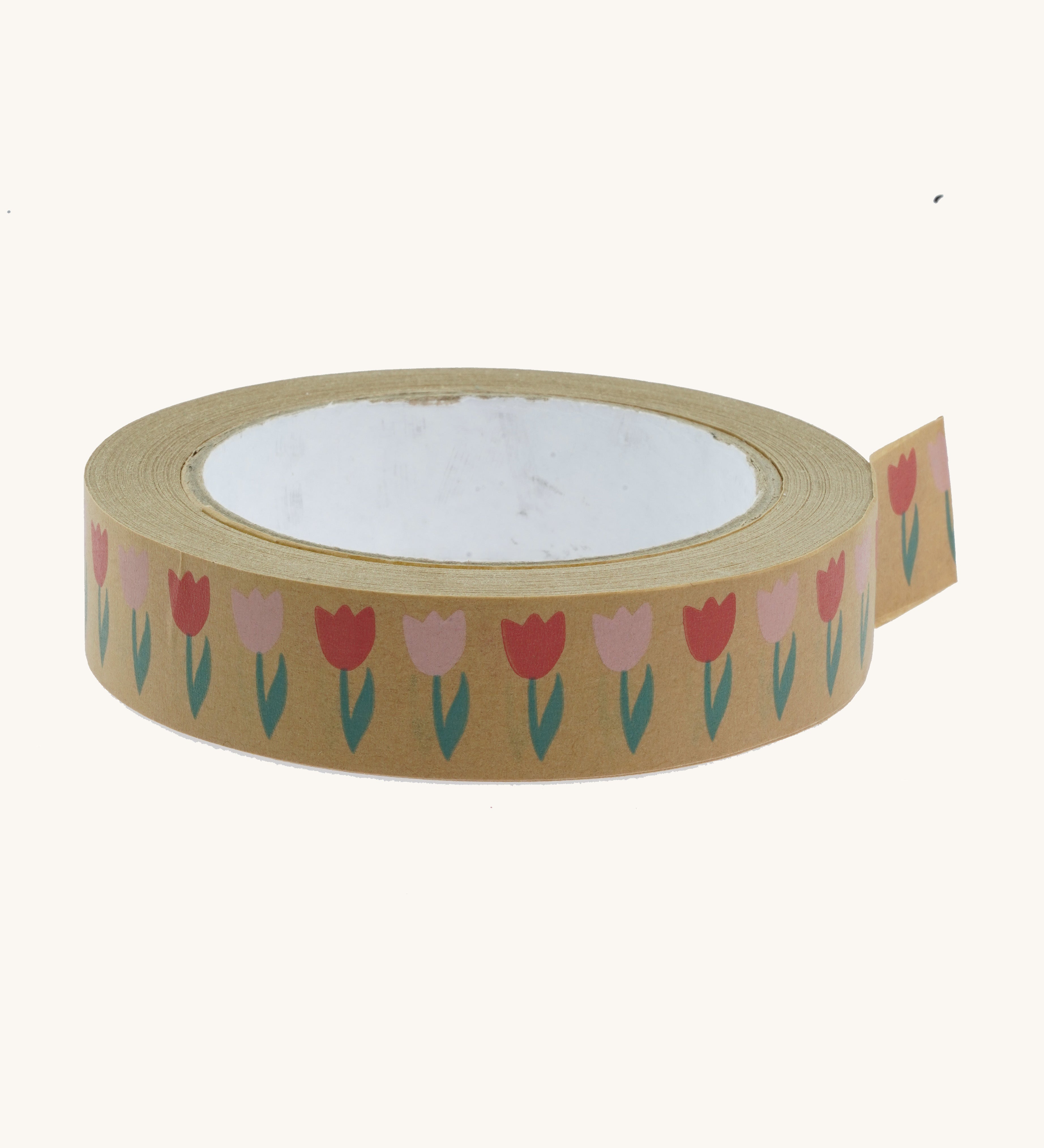 A roll of Babipur eco paper craft tape in brown with a tulips design.