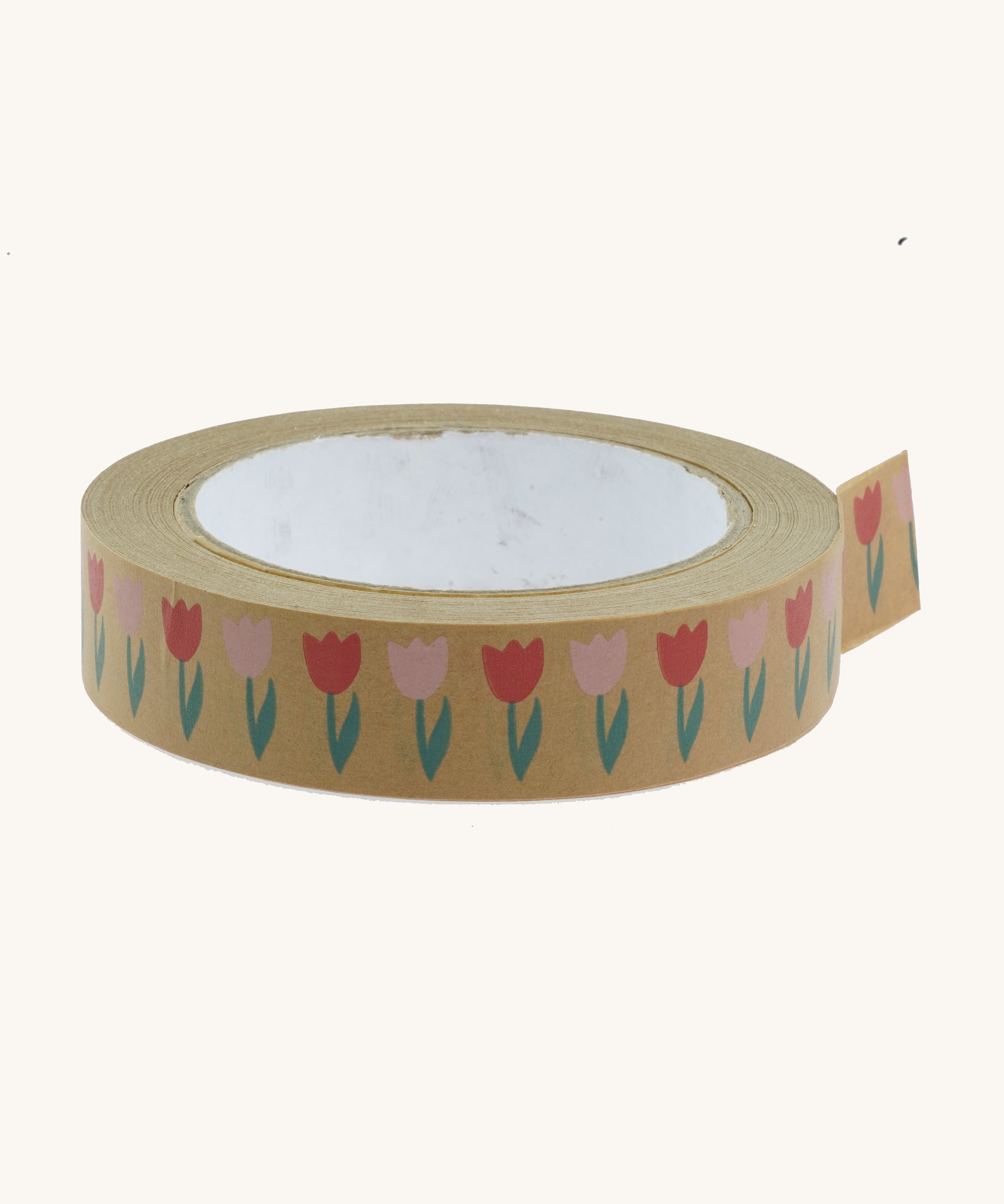 A roll of Babipur eco paper craft tape in brown with a tulips design.