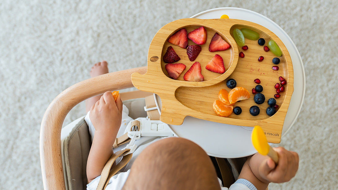 A child in a high chair, eating fruit from an elephant-shaped Eco Rascals weaning plate.