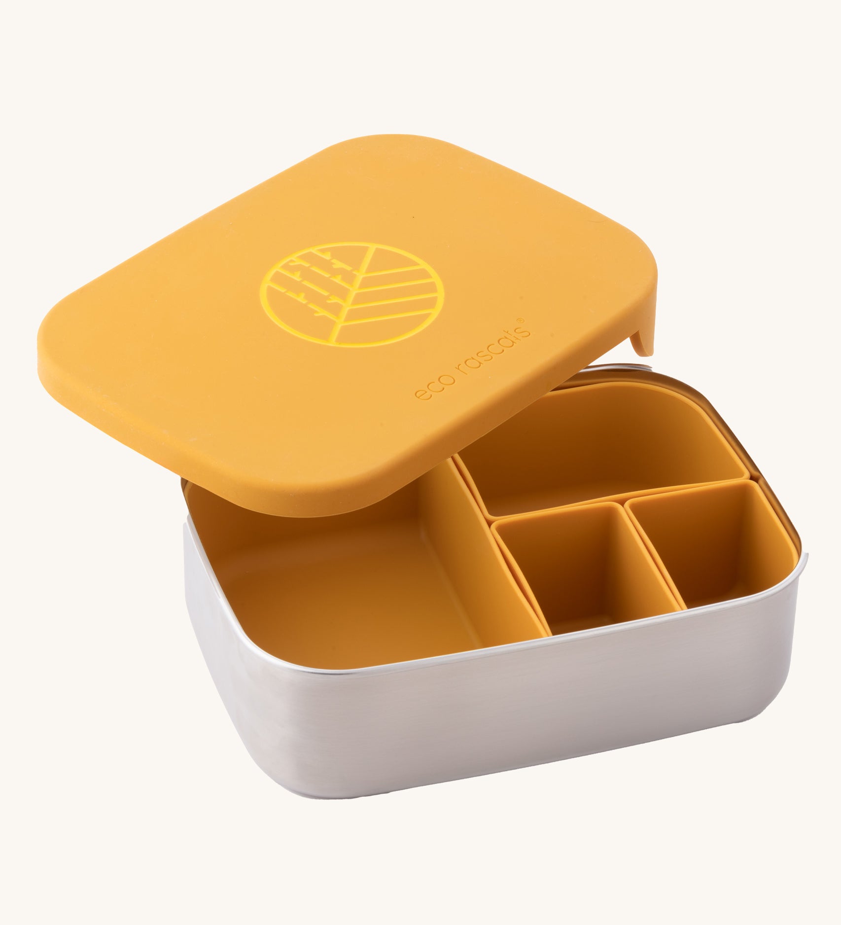 Eco Rascals Stainless Steel Lunch Box with a mustard yellow lid and pots on a plain background.