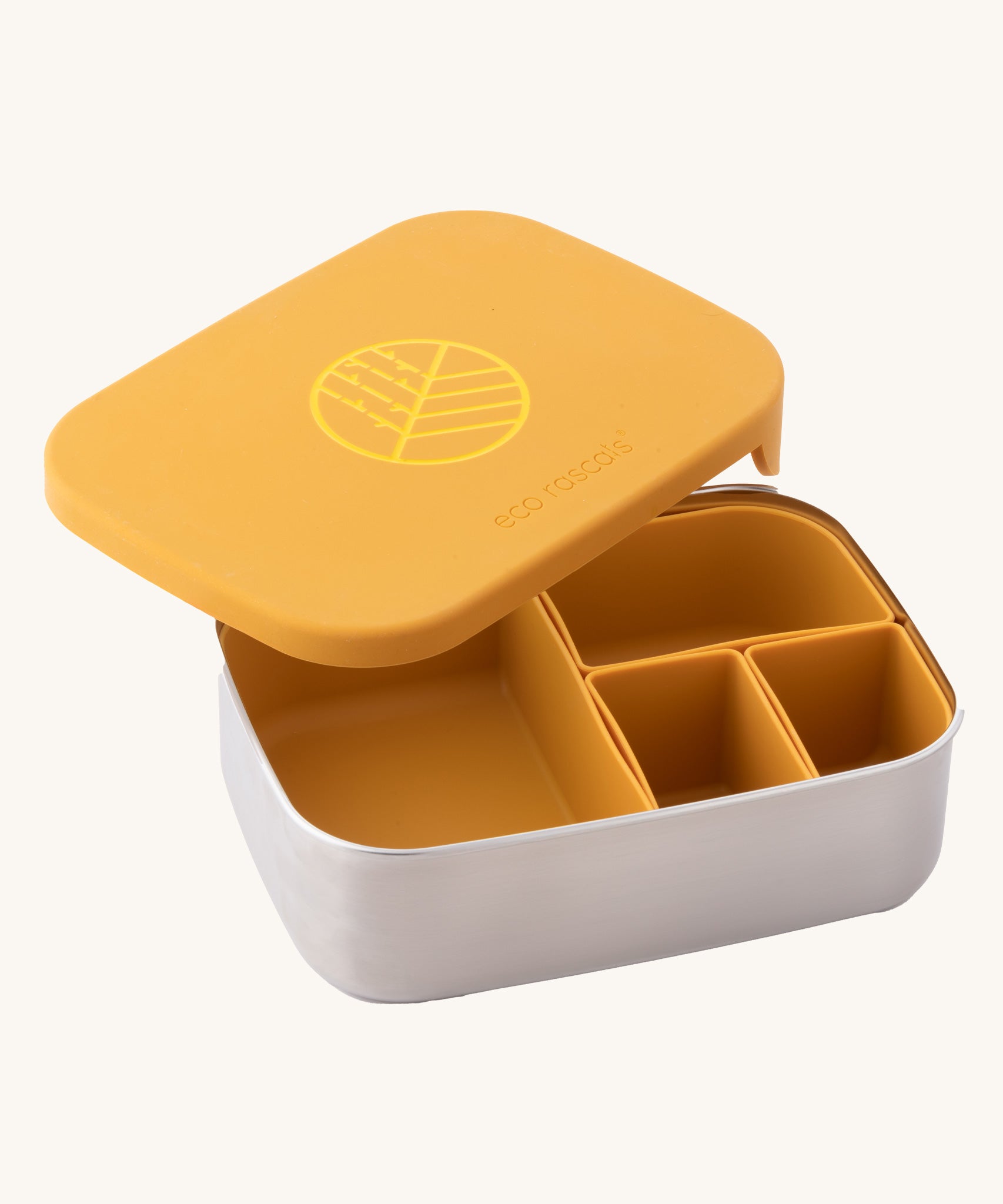 Eco Rascals Stainless Steel Lunch Box with a mustard yellow lid and pots on a plain background.