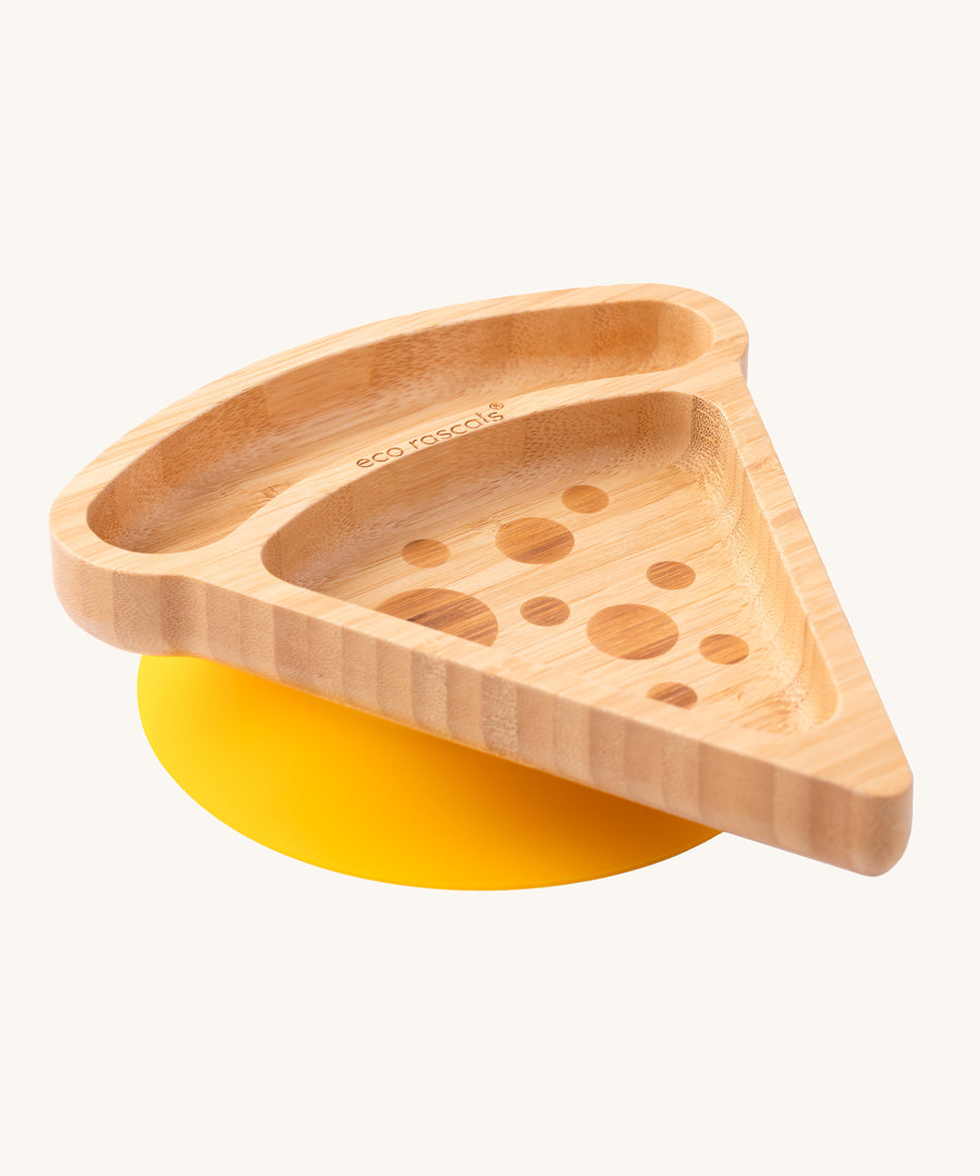 The Eco Rascals Pizza shamed Bamboo Plate with yellow silicone suction on a plain background. 