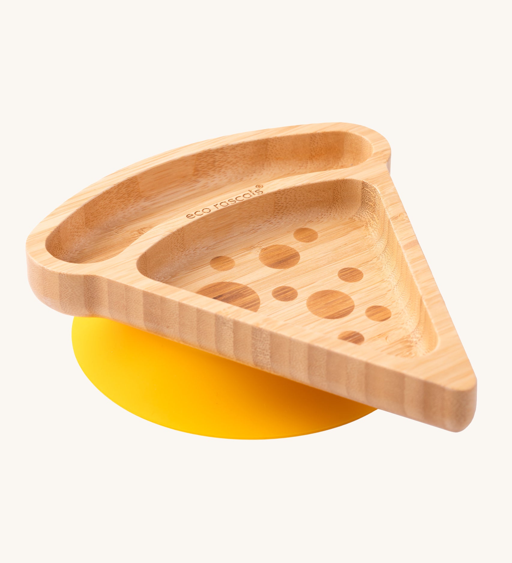 The Eco Rascals Pizza shamed Bamboo Plate with yellow silicone suction on a plain background. 