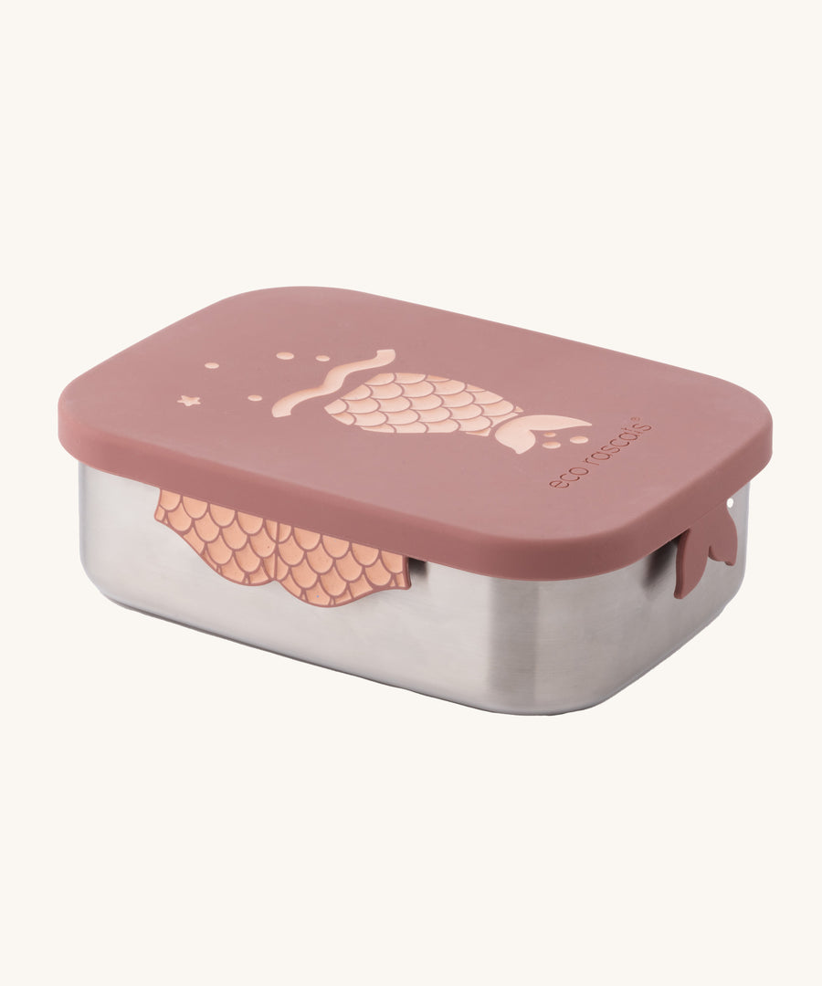 The rose pink mermaid design Eco Rascals Stainless Steel Character Lunch Box on a plain background. 