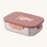 The rose pink mermaid design Eco Rascals Stainless Steel Character Lunch Box on a plain background. 