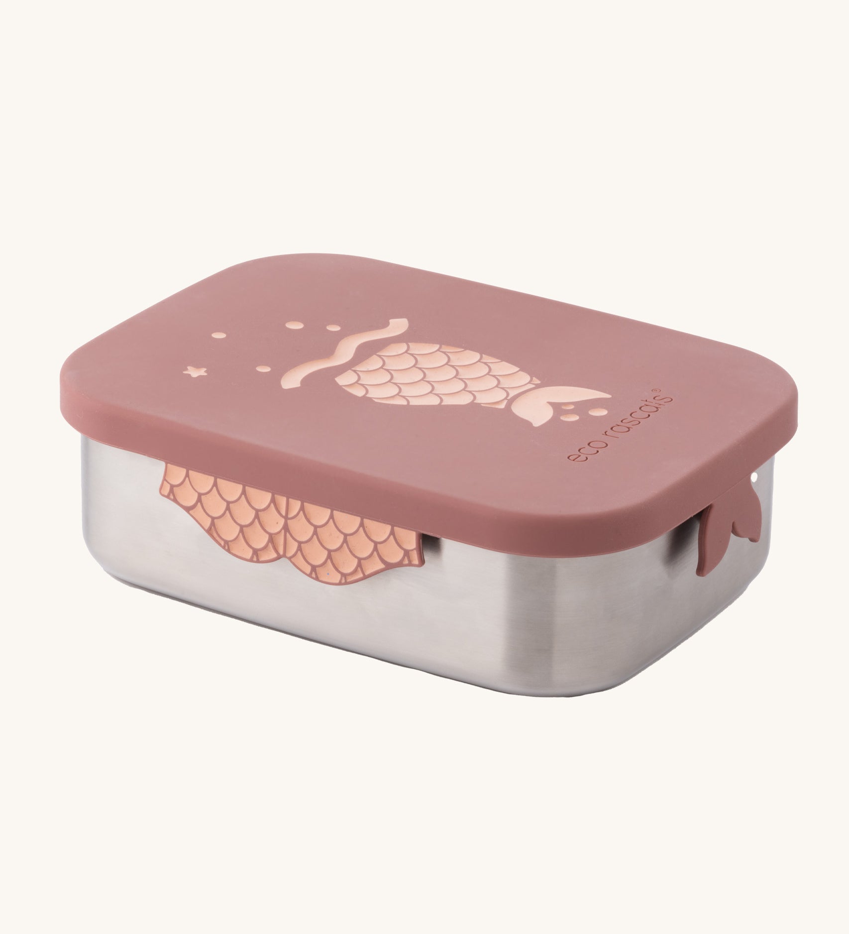 The rose pink mermaid design Eco Rascals Stainless Steel Character Lunch Box on a plain background. 