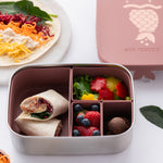 Eco Rascals Stainless Steel rose mermaid Character Lunch Box with food inside. Rainbow wraps in the largest section and fruit and vegetables in the other three smaller sections. 